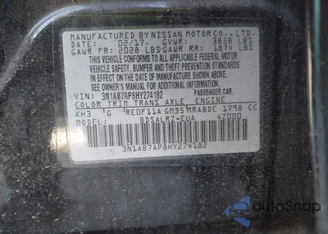 2017 Nissan Sentra Sr из США, поврежденный, VIN 3N1AB7AP8HY274182